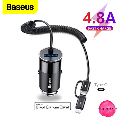 💜ถูกจริง/ส่งไว📦Baseus 4.8A ที่ชาร์จในรถ พร้อมสาย 2in1 USB-C และ lightning  Car Charge For Iphone Xs 
