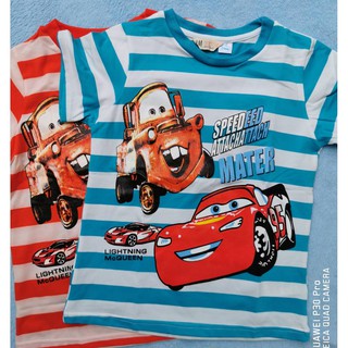 เสื้อยืด สกรีนลาย Mcqueen ลายขวางสีฟ้า สีส้ม