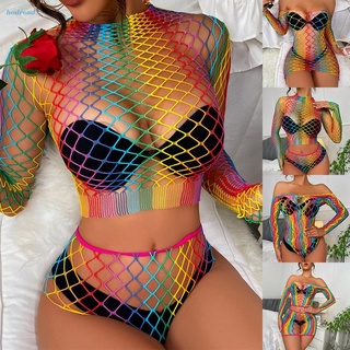 【HODRD】Womens Sexy Fashion Colorful Mesh Fishnet Dress Bodysuit Thong Set Cutout Transparent Lingerie【Fashion Woman Men】