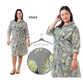 S5434 เดรสเชิ้ตคนอ้วน : Size รอบอก 46 นิ้ว เดรสเชิ้ตดีไซส์เก๋ Pineapple สีดำ เดรสคนอ้วน เสื้อผ้าคนอ้วน