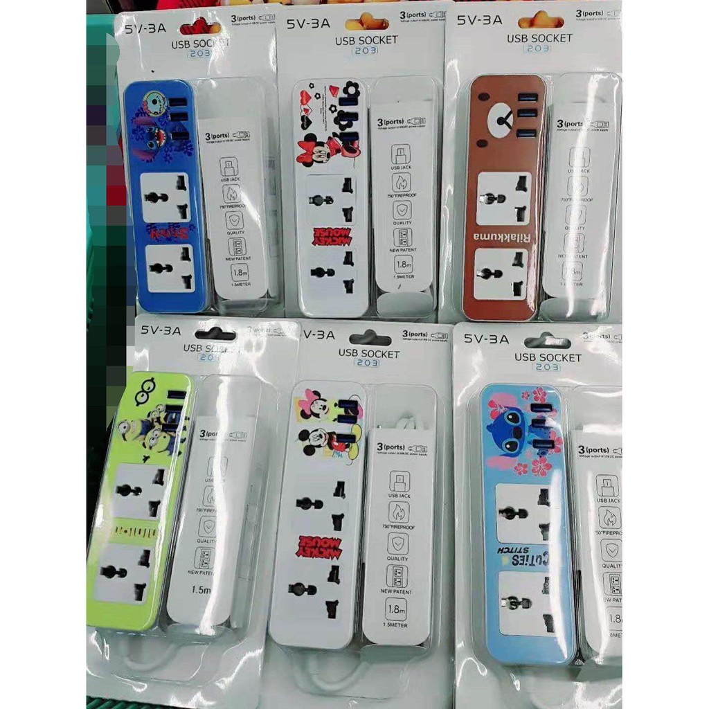 FuHua Mobileปลั๊กไฟ 3 ตา พร้อมช่อง USB ลายการ์ตูน (ป้องกันไฟฟ้ากระชากหรือลัดวงจรได้) SqjQ