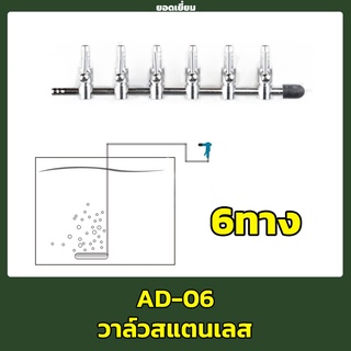 วาล์วปรับลม สแตนเลส ใช้ต่อกับสายยางออกซิเจน 4 มม. สแตนเลส 6 ทาง แบบเรียง