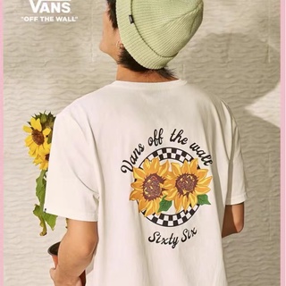 VANS เสื้อยืดแขนสั้นลําลอง พิมพ์ลายดอกทานตะวัน สีขาว แฟชั่นคู่รัก สําหรับผู้ชาย และผู้หญิง