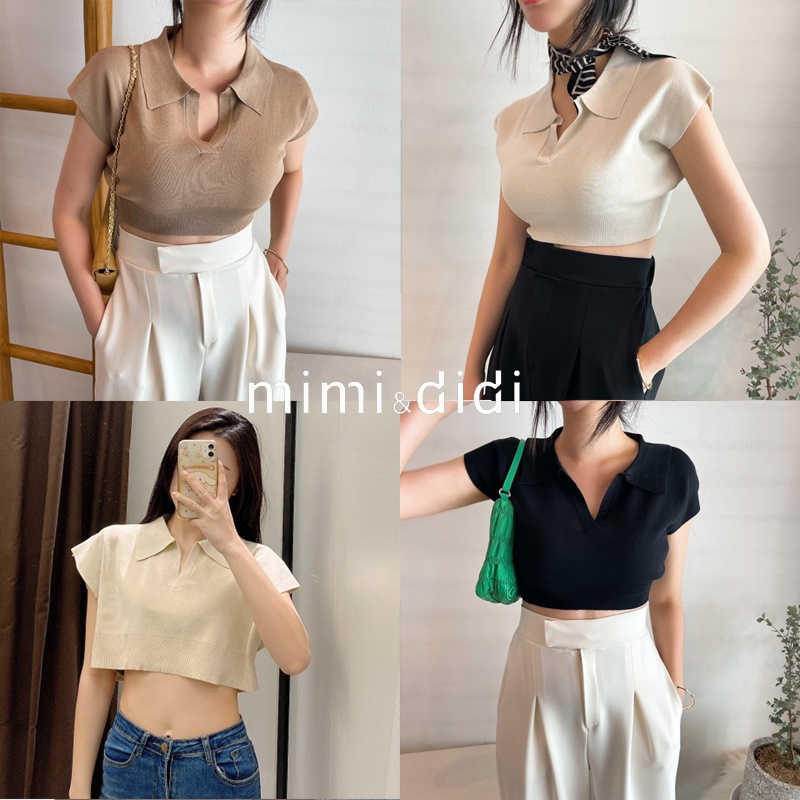 mimi&didi 💖​🌟พร้อมส่ง🌟เสื้อครอปไหมพรม แขนกุดคอปก น่สรักมากอิอิ K282