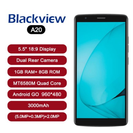 Blackview A20 Smartphone Android ไปที่ 18: 9 5.5 นิ้วกล้องสอง 1GB RAM 8GB ROM MT6580M 5MP 3G โทรศัพท์มือถือ
