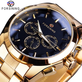 Forsining Black Business Mechanical Men Watch Automatic 3 Sub Dial Date Golden Steel Band Dress Wristwatch Clock Hour Ti