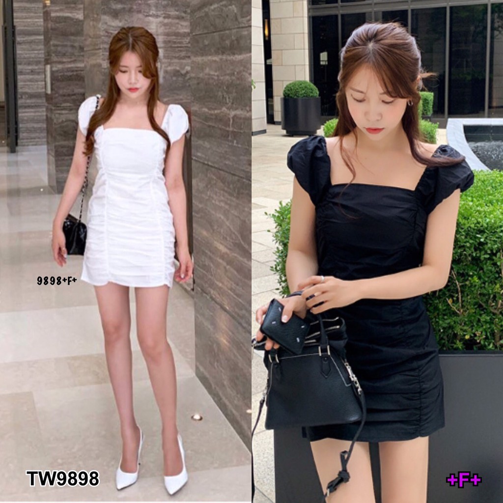 SS9898 Dress เดรสสั้นคอเหลี่ยมแต่งเย็บย่นหน้า-หลัง