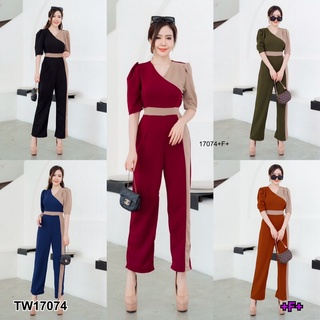 MM17074 จั้มสูทแขนสั้นทูโทน ผูกเอว Two tone short sleeve jumpsuit with waist tie