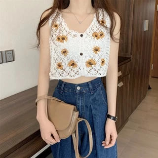 Cicishop(Q35) Crochet Top 🌻 เสื้อครอปถัก โครเชต์ลายทานตะวัน คิ้วท์ๆสไตล์เกาหลี