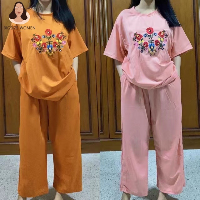 Bigsizewomen⭐️พร้อมส่ง⭐️ชุดเซ็ทคนอ้วนปักลายดอกเซ็ต2ชิ้น เสื้อ+กางเกง อก48-52 เสื้อผ้าคนอ้วน over siz