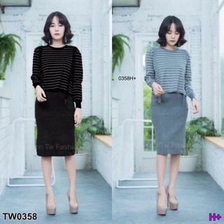 ๋J0358 Set 2 ชิ้น ไหมพรม เสื้อแขนยาวลายริ้ว