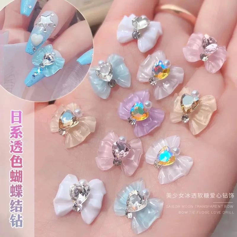 [10ชิ้น] โบหัวใจเพชร โบแต่งเล็บ โบน่ารัก DIY Charms Crystal Bow Knot Nail Art Rhinestones Heart Diamond