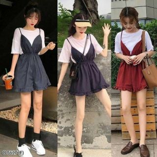 Set 2 ชิ้น เสื้อยืดผ้าคอตตอลสีขาว มาพร้อมจั้มสูทสายเดี่ยวขาสั้นระบาย