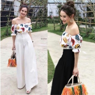 เซต 2ชิ้น เสื้อพิมพ์ลายเปลือกหอย+กางเกงทรงเอวสูง