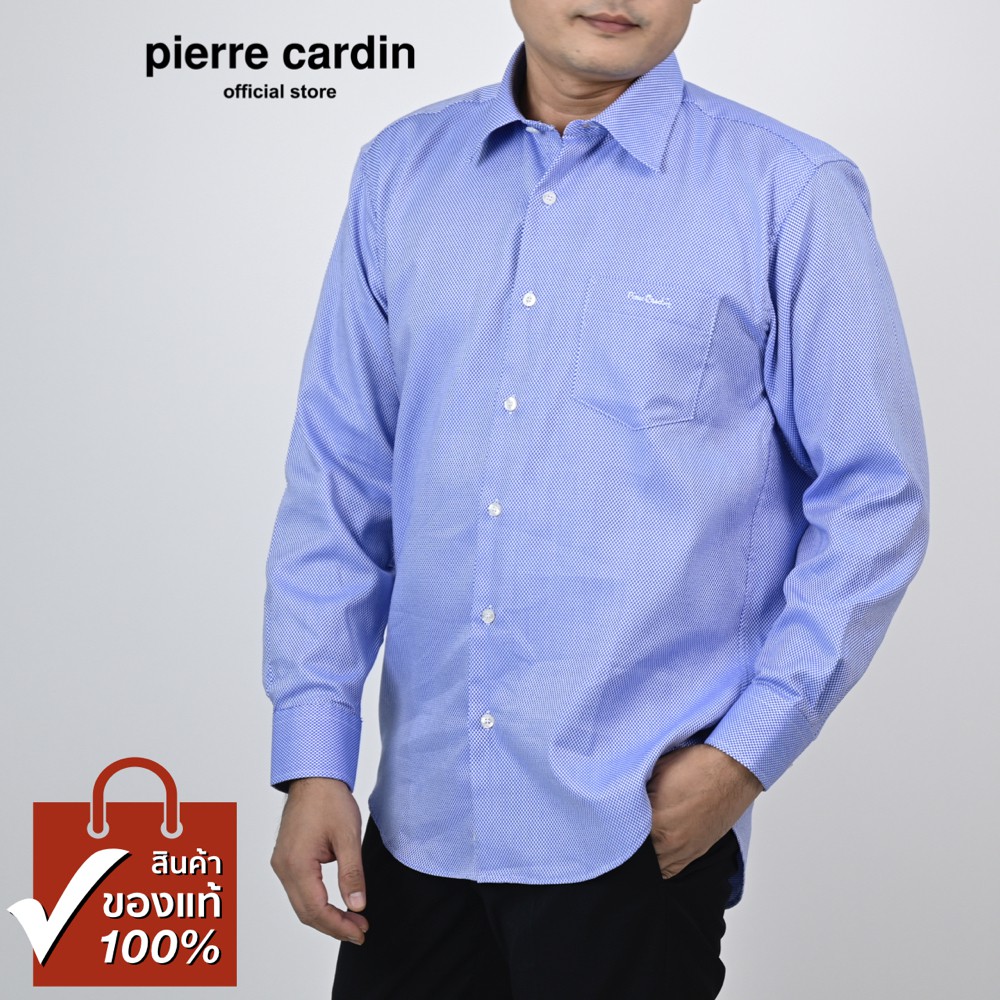 Pierre Cardin เสื้อเชิ้ตแขนยาว Basic Fit รุ่นมีกระเป๋า ผ้า Cotton 100% [SJJ0170-NV]