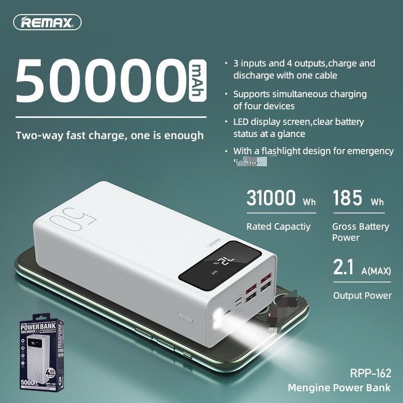 พาวเวอร์แบงค์ ชาร์จเร็ว powerbank fast chargeREMAX RPP-162 POWER BANK 50000mAh 4USB LED ของแท้100%