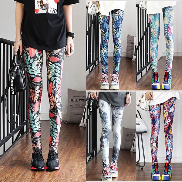 กางเกงเลกกิ้งผ้าไหมแบบบางสำหรับผู้หญิง Rainforest graffiti Stretch pants ultra-thin