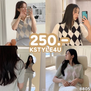 KSTYLE4U เสื้อแขนสั้นคอปกลายข้าวหลามตัด #8805  เสื้อกันหนาว เสื้อยืด เสื้อ เสื้อ Y2K