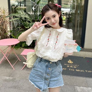 ✼ 卍 🍒 S-XL ลูกไม้สีขาวเย็บปักถักร้อยเวอร์ชั่นเกาหลีเสื้อคอปกตุ๊กตาผู้หญิงฤดูร้อนความรู้สึกการออกแบบเสื้อแขนพัฟ women