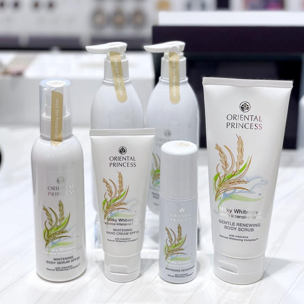 Milky Whitening Booster จาก Oriental Princess โลชั่น เซรั่ม ครีมอาบน้ำ โรออน ลูกกลิ้ง ทามือ สครับ ผิ