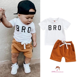 Innocence- ชุดเสื้อแขนสั้น พิมพ์ลายตัวอักษร และกางเกงขาสั้น สีพื้น แฟชั่นสําหรับเด็กผู้ชาย