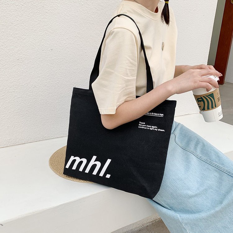 Mhl กระเป๋าโท้ทผ้าแคนวาสสไตล์ Ulzzang สําหรับผู้หญิงมีซิปวัสดุหนา