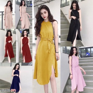 💜1483 Dress เดรสคอกลม แขนกุดทรงไหล่ล้ำ ด้านหน้าแต่งป้ายหน้าแหวกสูงเซ็กซี่ งานเนื้อผ้าซาร่า เงาสวยหรูมาก