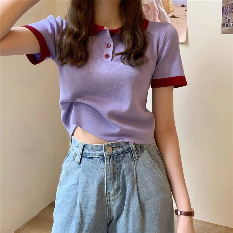 bonnie(พร้อมส่ง/4979)สื้อยืดคอโปโลสั้นแขนสั้นสไตล์สาวฮอตเอวสูงเก๋ ๆ ยอดนิยมหญิงฤดูร้อนปี 2025