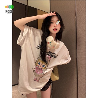 Cartoon print short sleeve temperament round neck summer T-shirt lazy top slimming loose pullover female student mid-length