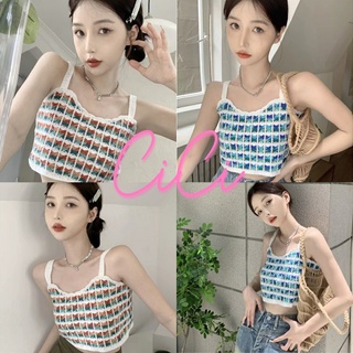 Cici ❣🇹🇭🚚พร้อมส่ง❣(NO.A566)CropTop เสื้อสายเดี่ยวครอปไหมพรมถัก ทอสีทูโทนสไตล์โคเรีย