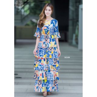 NP5824/5825Maxidress แม็กซี่เดรสคอกลมแขนสามส่วนปลายแขนระบายเอวเข้ารูปกระโปรงระบาย5ชั้นพิมพ์ลายกราฟฟิก มีซับในอย่างดี