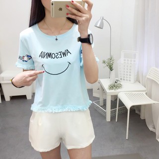 เสื้อครอปแขนสั้นพิมพ์ลายรอยยิ้มแฟชั่นสตรี