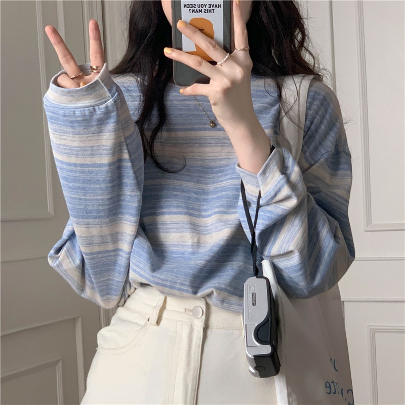 เสื้อผ้าแฟชั่นผู้หญิง เสื้อยืดลาย ทรงหลวม แขนยาว สตรีท