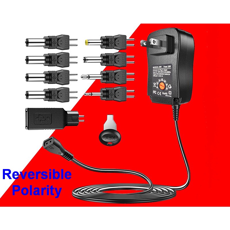 อะแดปเตอร์ไฟฟ้า 30W Universal Adjustable Power Adapter Charger AC To DC Plug 3V 4.5V 5V 6V 7.5V 9V 12V 2.5A Multifunction Power Supply Driver  Reverse polarity
