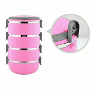 ปิ่นโต ปิ่นโตสแตนเลส สูญญากาศ 4 ชั้น ทรงกลม Bento Lunch Box Food Picnic Storage (Pink/