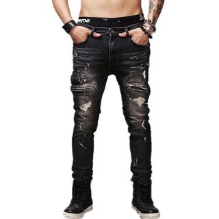 กางเกงยีนส์ผู้ชาย Ripped Rocks กางเกงยีนส์ 100% Cotton Slim Fit กางเกงยีนส์รถจักรยานยนต์ Denim(สีดำ)