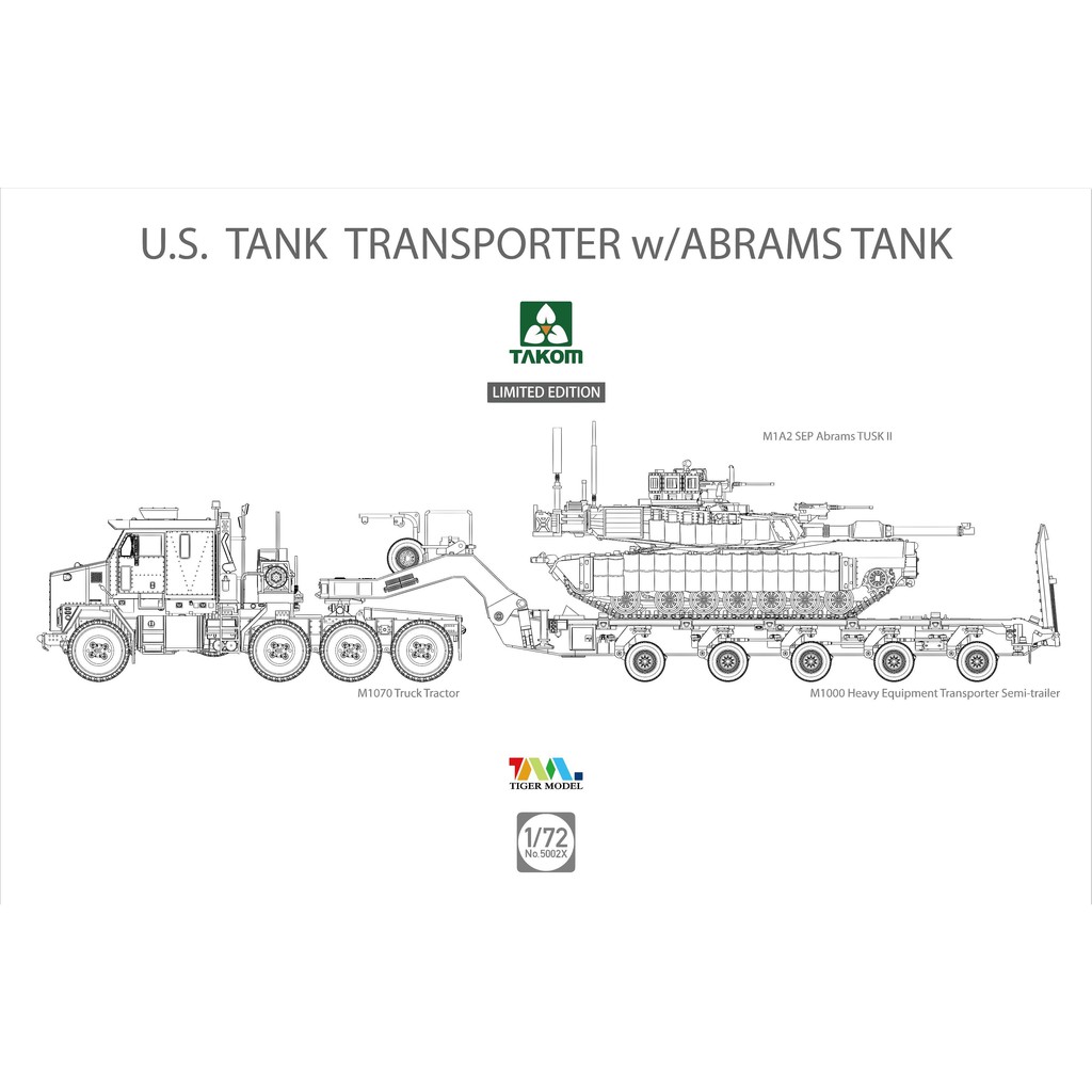พลาสติก โมเดล ประกอบ TAKOM สเกล 1/72 U.S. M1070&M1000 70 Ton Tank Transporter w/ Abrams TANK Limited