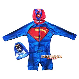 [แท้]BS004B ชุดว่ายน้ำ Superman ชุดว่ายน้ำบอดี้สูทแขนยาว + หมวก + ถุงผ้า (สำหรับเด็กอายุ 3 ปี)