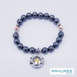 สร้อยข้อมือหินเฮมาไทต์ (Hematite) สีธรรมชาติขนาด 8 มิล จี้กังหันสีเงินสีทอง ประดับด้วยเฮมาไทต์เจียรไนสีธรรมชาติ