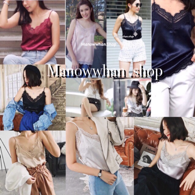 ถูกที่สุดสายเดี่ยวผ้าซาตินเงาเนื้อหนาแต่งลูกไม้