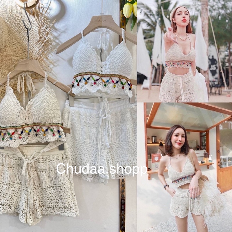 ชุดเซ็ต2ชิ้น บราถักผูกคอ+กางเกงถักลูกไม้ ชุดไปทะเล