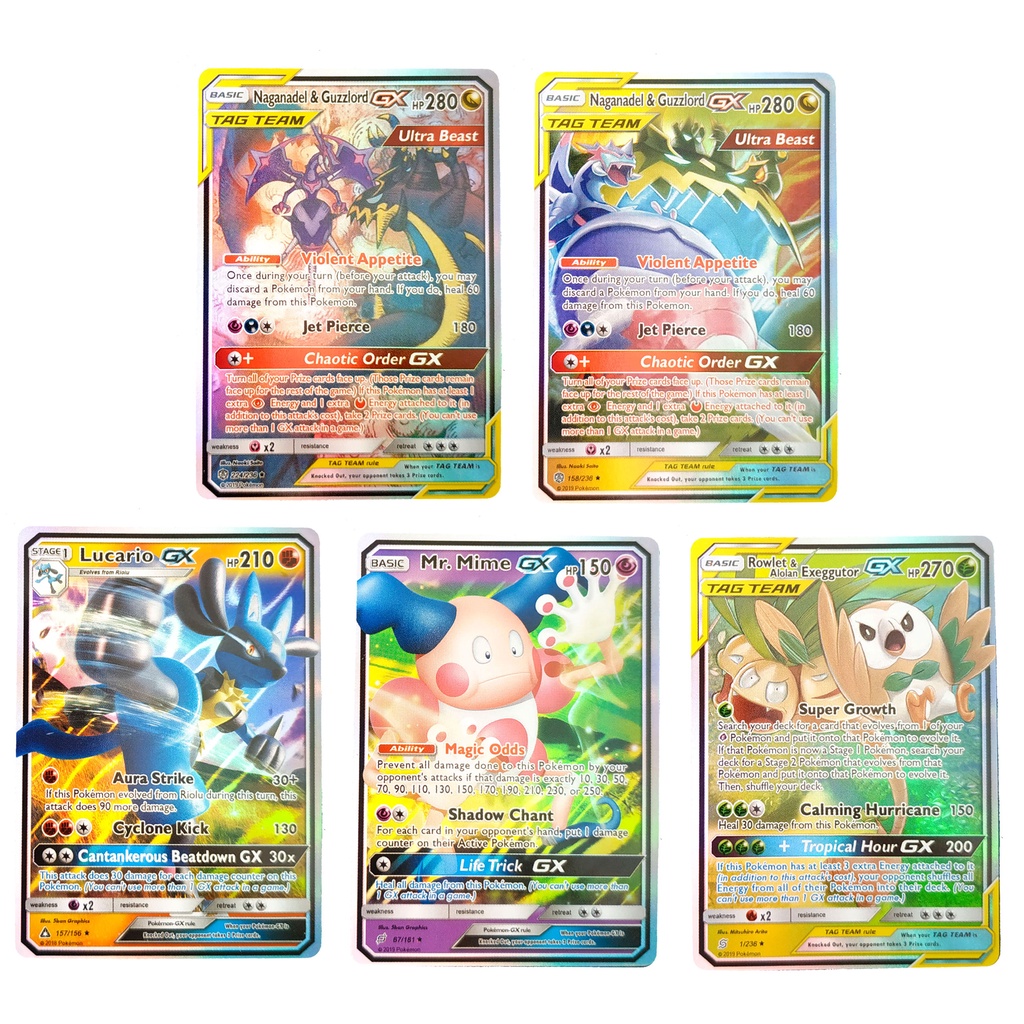 Pokemon Card Tag Team & GX ชุด 5 ใบ Naganadel & Guzzlord, Lucario, Rowlet, Mr. Mine การ์ดภาษาอังกฤษ 