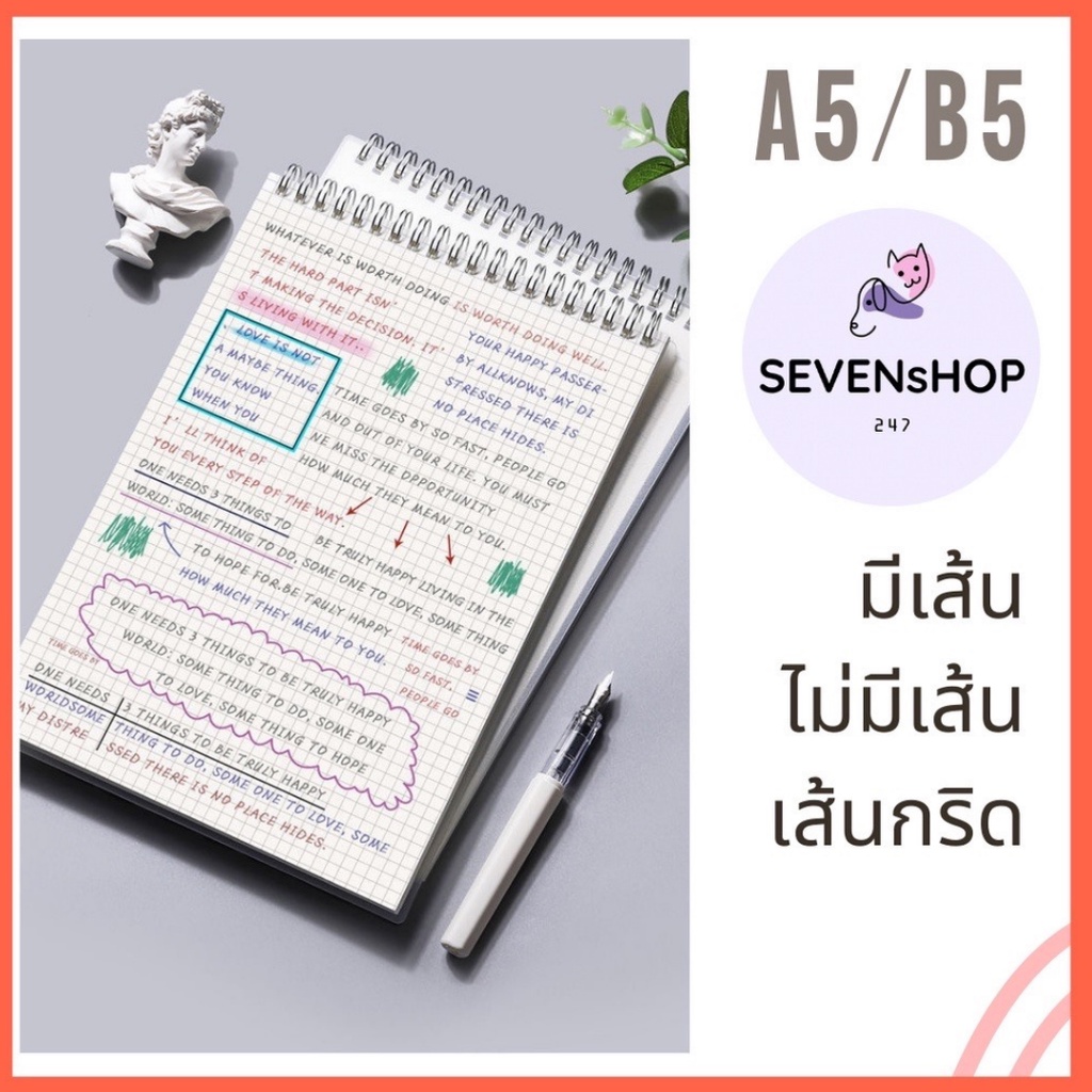 SEVENsHOP247 สมุดโน๊ตสันห่วง (แนวตั้ง) ปกใส A5 B5 สมุดเปิดบน ตาราง เส้นกริด มีเส้น ไม่มีเส้น เส้นกราฟ ตารางกริด
