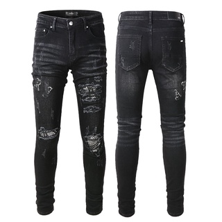 AMIRI Black Cow Washed Hole Distressed Patch Contrast Color Love Embroidered Patch Slim Jeans for Men 829