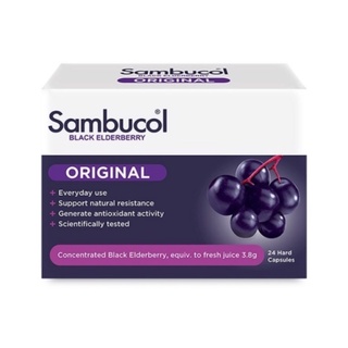 Sambucol Black Elderberry Original แซมบูคอล แบล็ค เอลเดอร์เบอรี่ เสริมภูมิคุ้มกัน ป้องกันหวัด 1 กล่อง 24 แคปซูล 20550