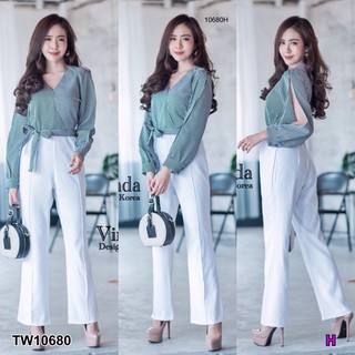 J10680 Jumpsuit จั๊มสูทยาวลายริ้วเปิดแขน Long jumpsuit with stripes and open sleeves