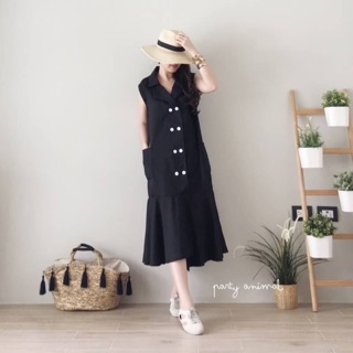 พร้อมส่ง Maxi dress ทรงปล่อยๆต่อชายระบายเหลื่อมกันเก๋ๆ คอปก