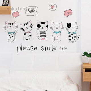 Please Smile สติ๊กเกอร์ลายการ์ตูนแมวสําหรับติดตกแต่งผนังบ้าน