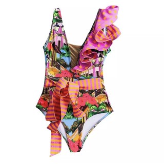 Mixed Pattern Ruffle Swimsuit(Pink)