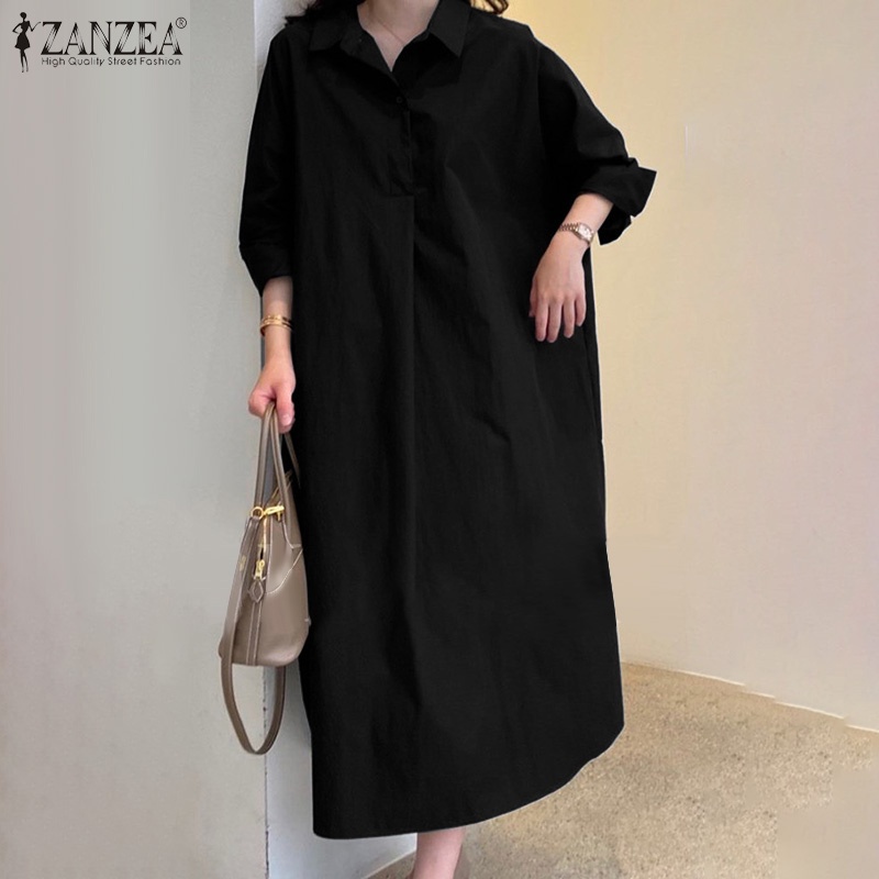 ZANZEA Women Korean Style Elegant Simple Solid Long Sleeve Button Down Dress #6
